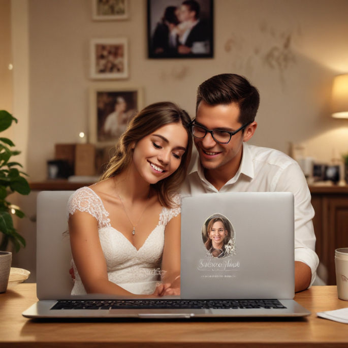 A couple viewing wedding photos on a laptop, with logo design elements visible on the screen.