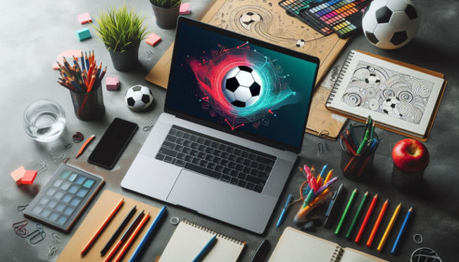 A creative workspace with a laptop displaying a soccer-themed logo design, surrounded by sketchpads and vibrant soccer imagery.