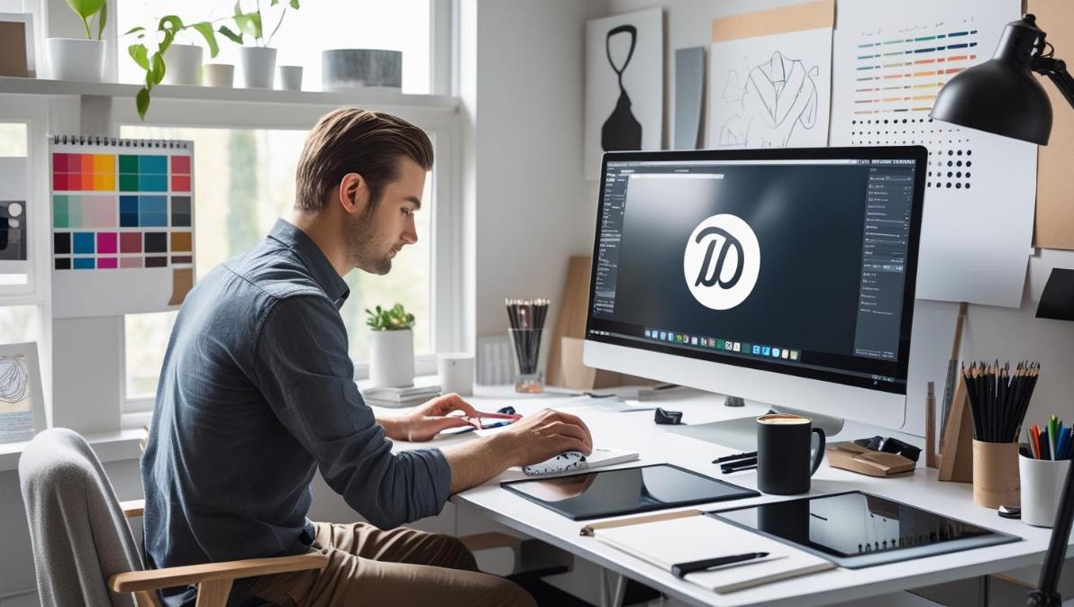 Designer creates logos on Windows 11 PC with tablet and color swatches.