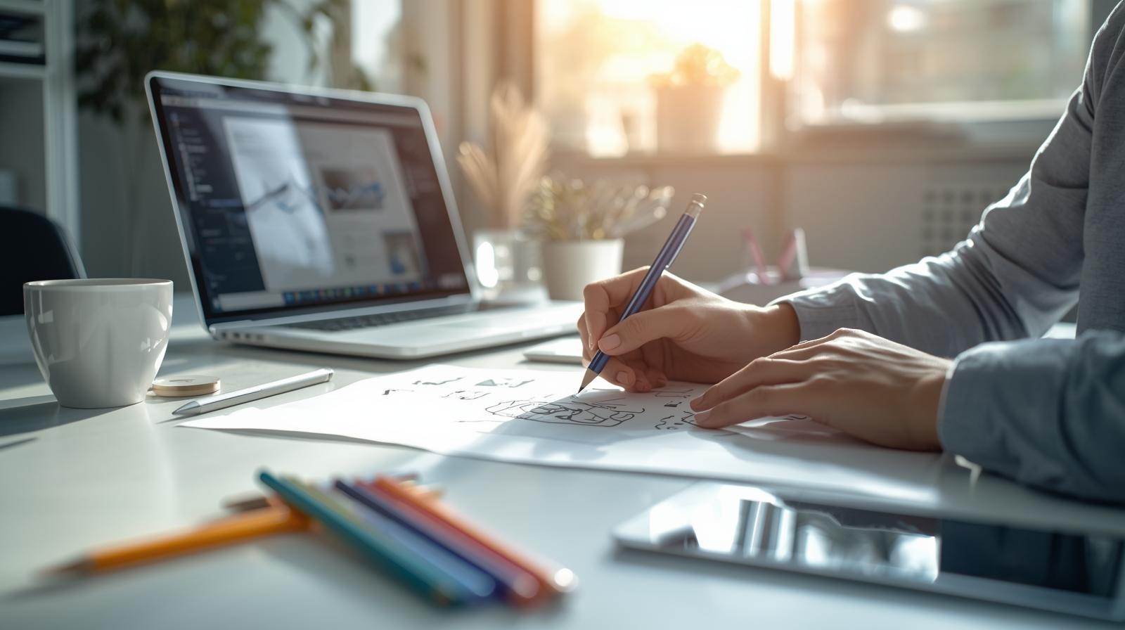 Designer sketching logos on paper beside laptop and coffee in bright workspace.